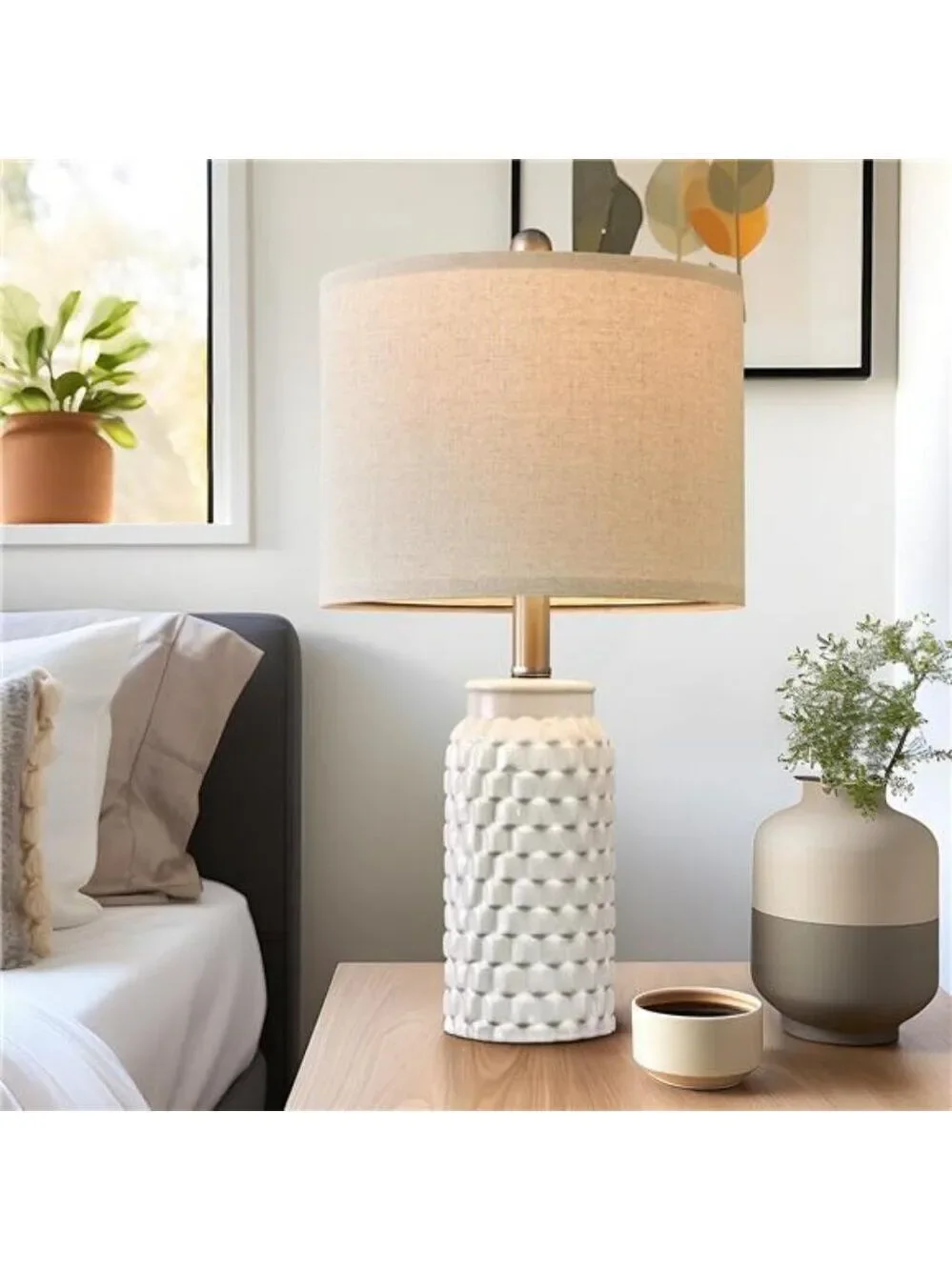 White ceramic table lamp set of 2 modern farmhouse bedside lamps for bedroom